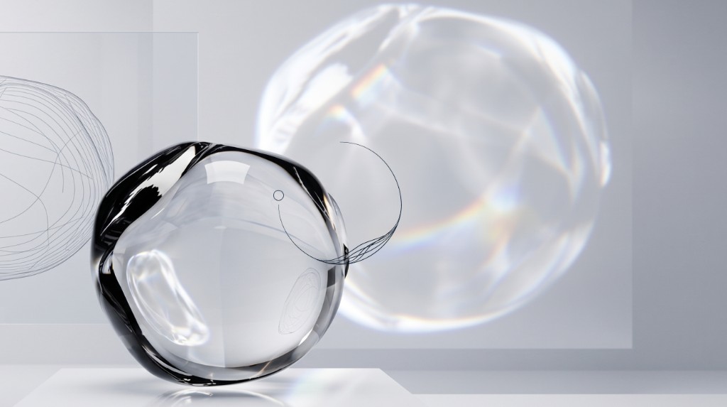 Abstract glass sphere on a light surface with soft grey atmosphere and fine contour lines.